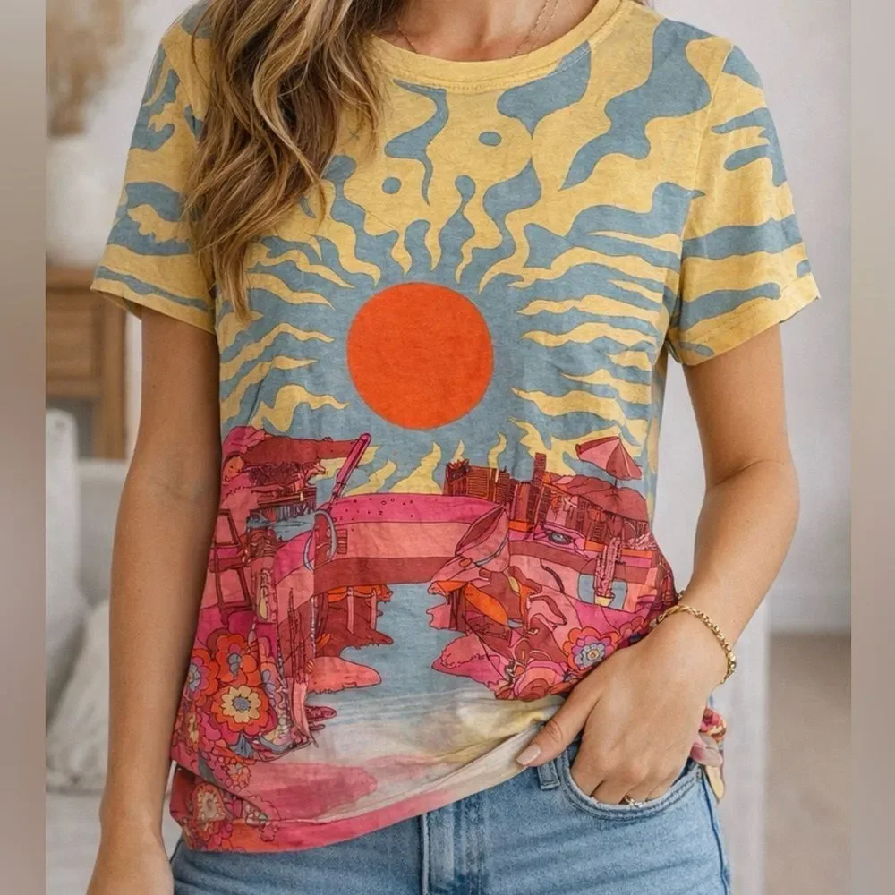TORY BURCH TEE 100% COTTON GRAPHIC VIBRANT COLORFUL COASTAL HIPPIE OCEAN SUN XL